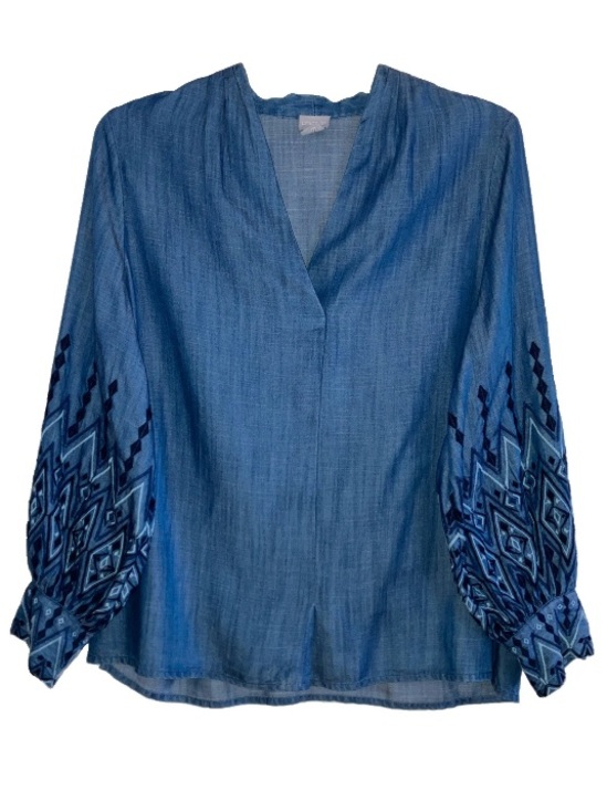 Chico's Tops - Chico’s Tunic L/12/2 Blouse Chambray Embroidered Puff Sleeves V-Neck Artsy Boho.
